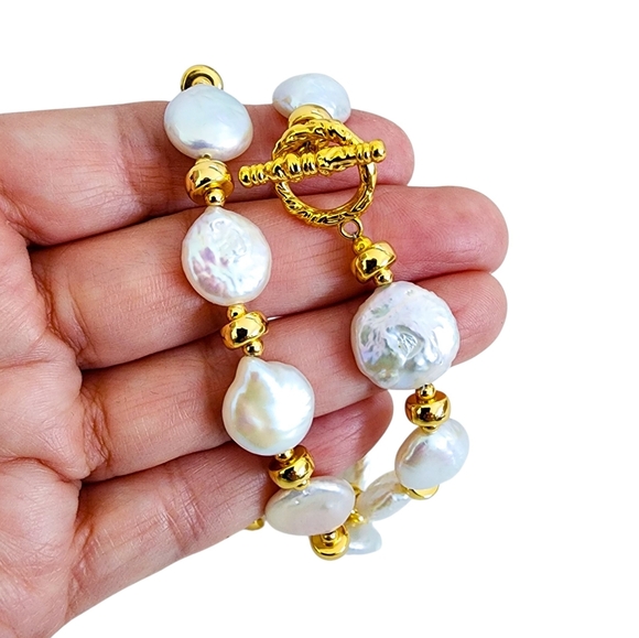 Coin Pearl Necklace Gold Accent Beads Toggle Clasp A0369 Q7 - Picture 6 of 15